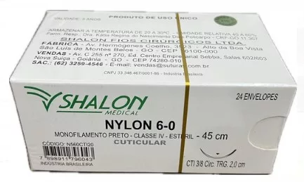 NYLON PRETO 6-0 45CM 3/8 C/AG.2,0 CT SHALON N560CTI20