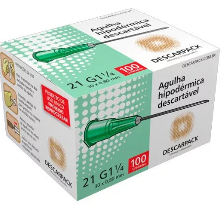 AGULHA HIPOD. 30 X 0,80 (21G X 1 1/4”) C/100 - DESCARPACK